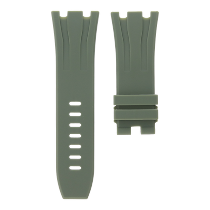 Khaki green replacement rubber strap for Audemars Piguet Royal Oak Offshore 44mm by MIDAS Straps, white background flat lay product image.