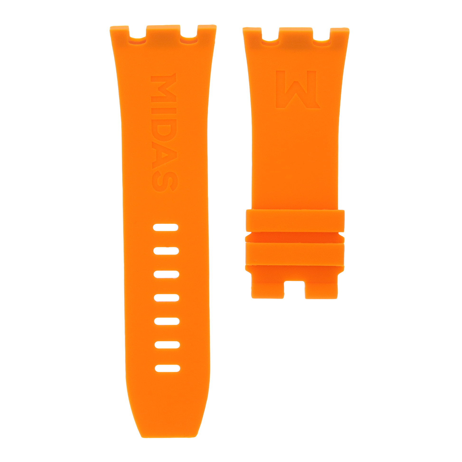 Orange replacement rubber strap for AP Royal Oak Offshore 26400, white background flat lay product photograph with buckle detail.