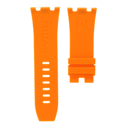 Orange replacement rubber strap for AP Royal Oak Offshore 26400, white background flat lay product photograph with buckle detail.