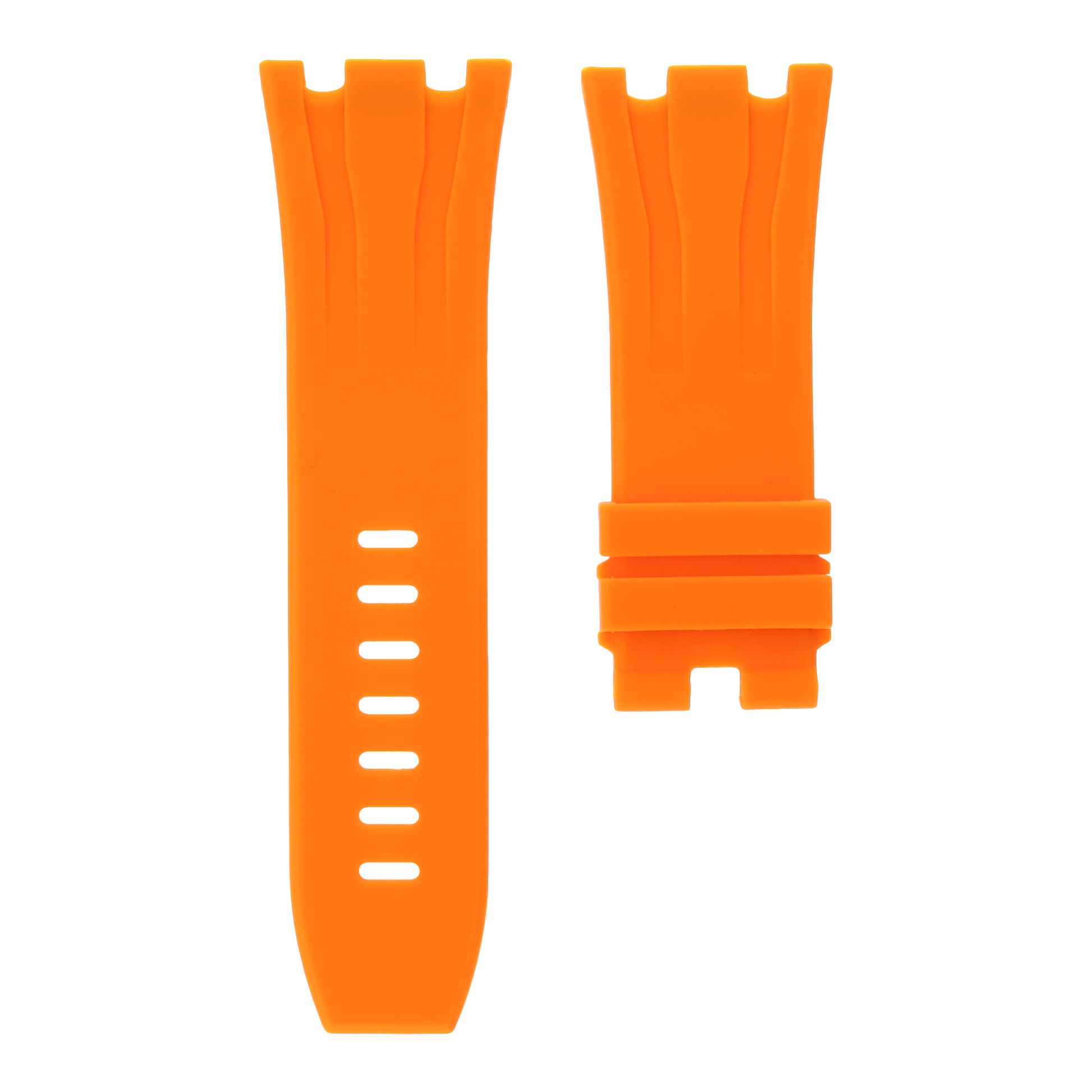 Orange replacement rubber strap for Audemars Piguet Royal Oak Offshore 44mm by MIDAS Straps, white background flat lay product image.
