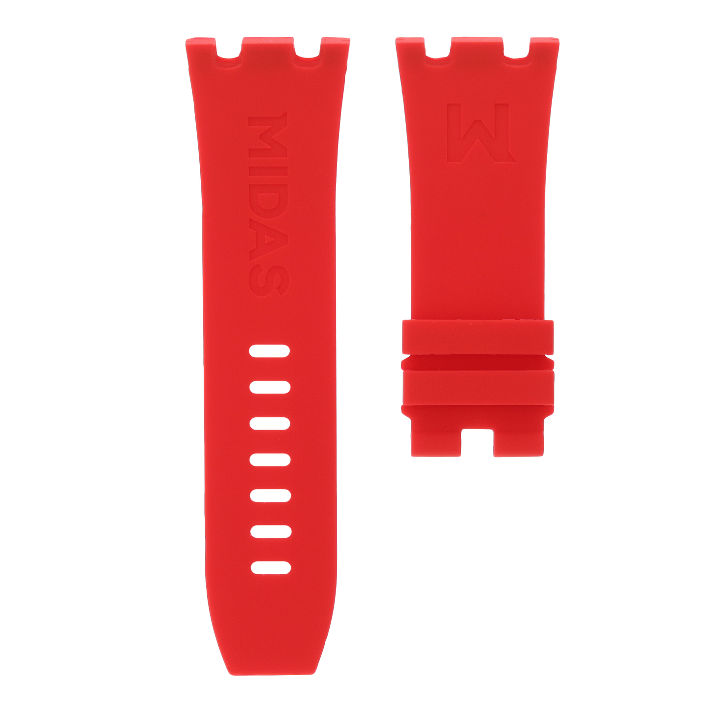 Red replacement rubber strap for AP Royal Oak Offshore 26400, white background flat lay product photograph with buckle detail.