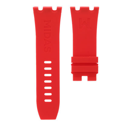 Red replacement rubber strap for AP Royal Oak Offshore 26400, white background flat lay product photograph with buckle detail.