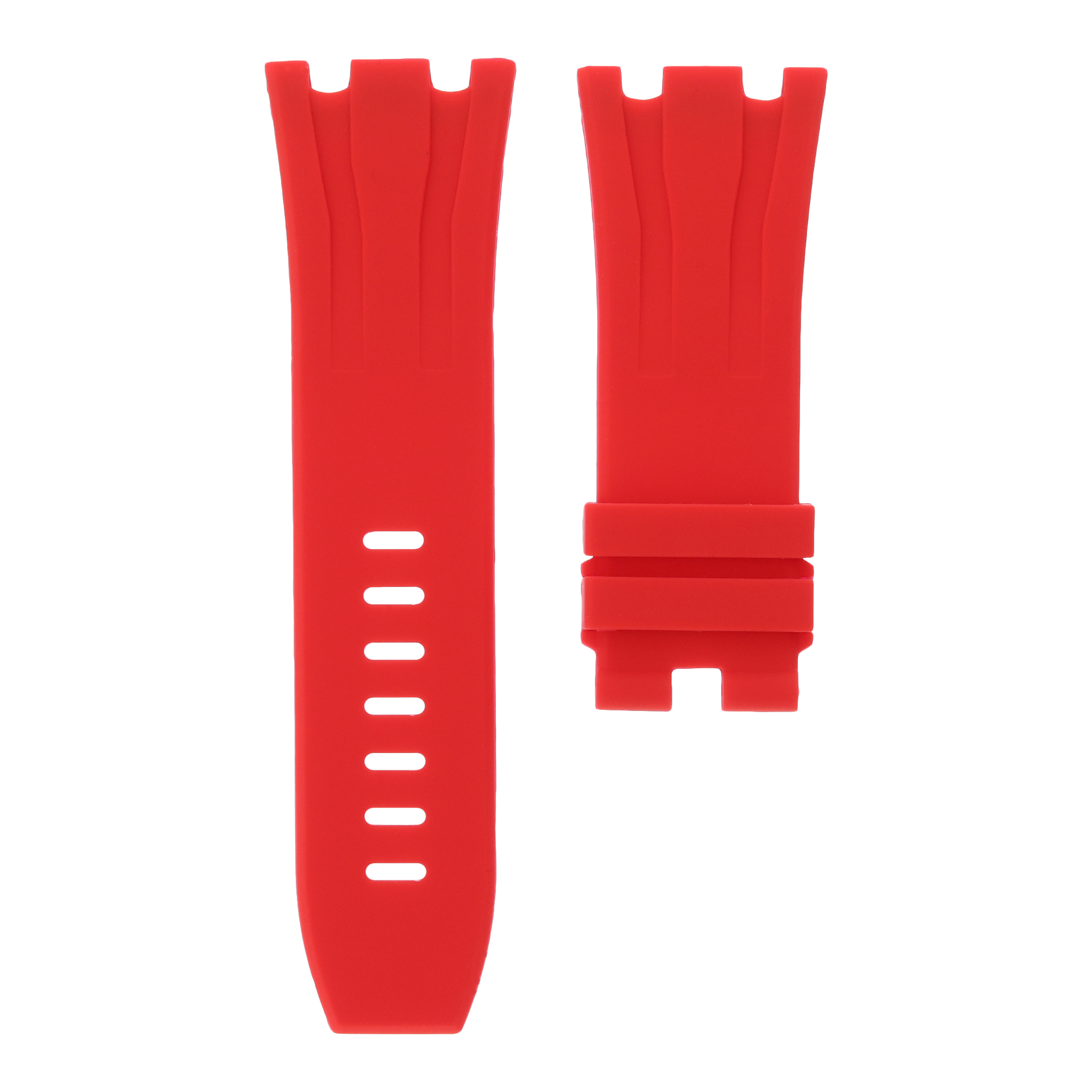 Red replacement rubber strap for Audemars Piguet Royal Oak Offshore 44mm by MIDAS Straps, white background flat lay product image.