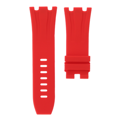 Red replacement rubber strap for Audemars Piguet Royal Oak Offshore 44mm by MIDAS Straps, white background flat lay product image.