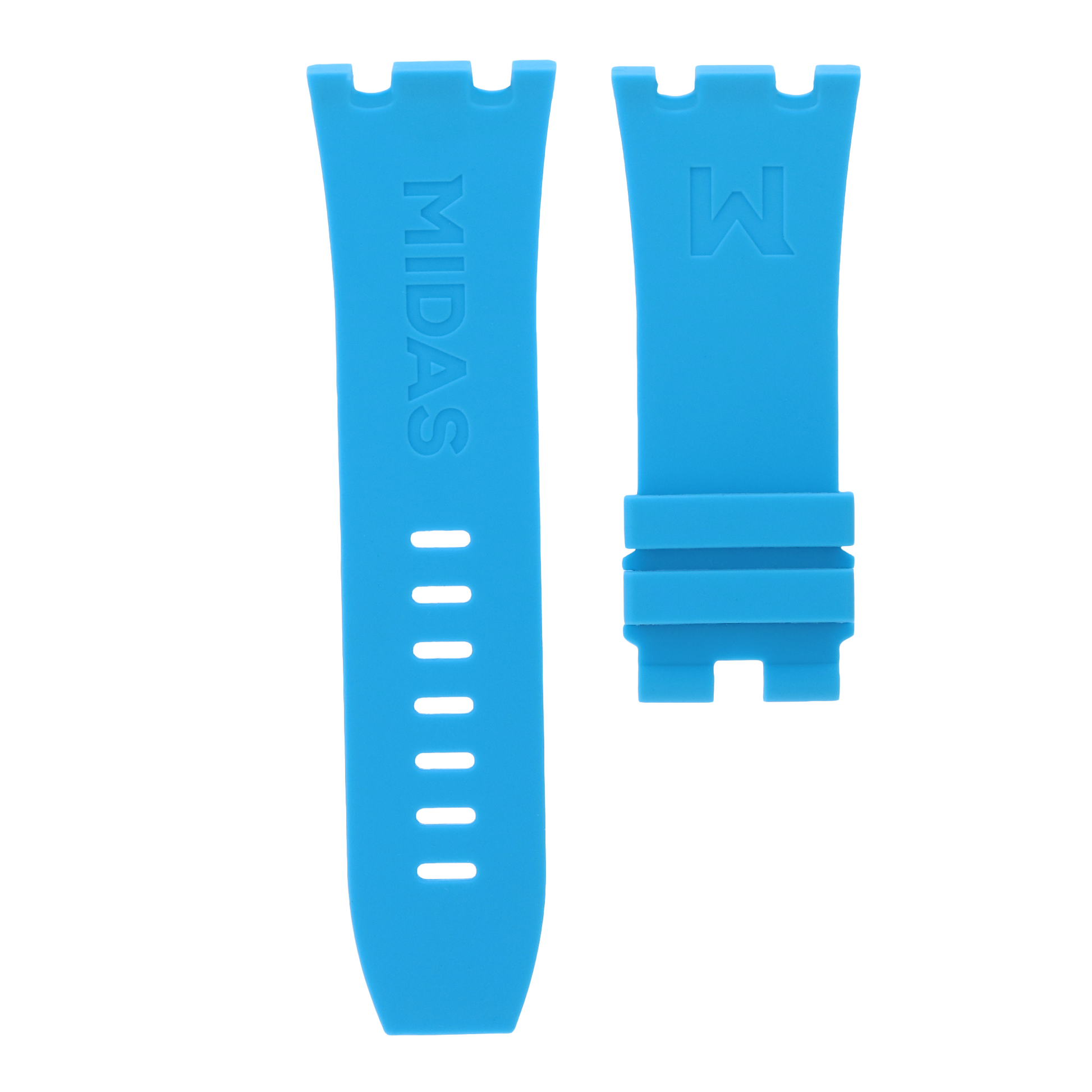 Light blue replacement rubber strap for AP Royal Oak Offshore 26400, white background flat lay product photograph with buckle detail.