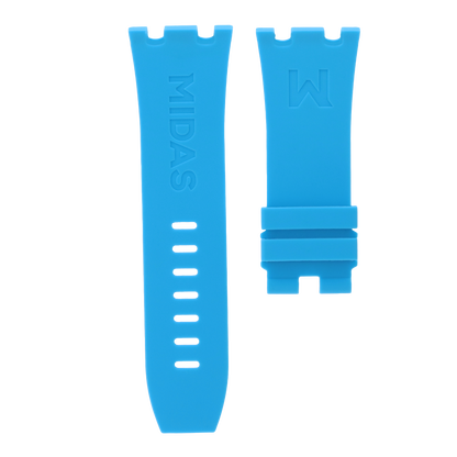 Light blue replacement rubber strap for AP Royal Oak Offshore 26400, white background flat lay product photograph with buckle detail.