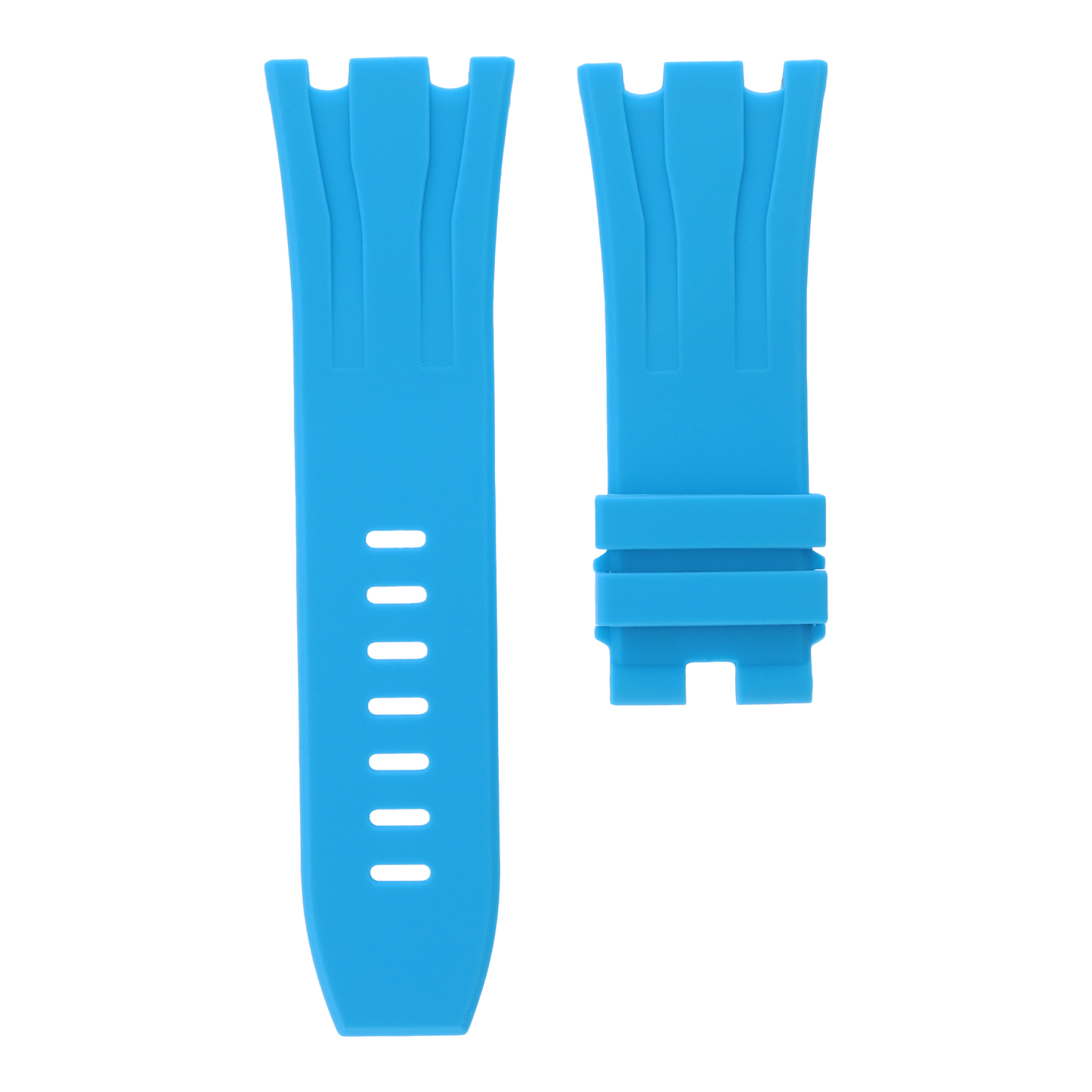 Light blue replacement rubber strap for Audemars Piguet Royal Oak Offshore 44mm by MIDAS Straps, white background flat lay product image.