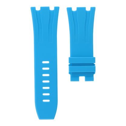 Light blue replacement rubber strap for Audemars Piguet Royal Oak Offshore 44mm by MIDAS Straps, white background flat lay product image.