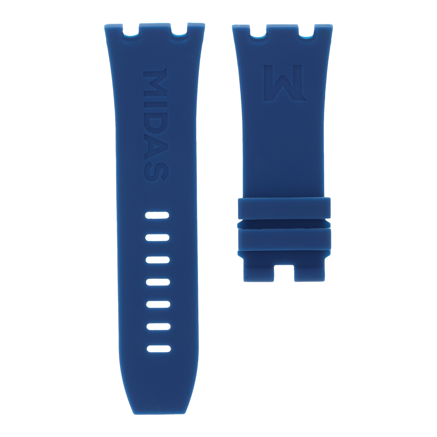 Royal navy blue replacement rubber strap for AP Royal Oak Offshore 26400, white background flat lay product photograph with buckle detail.