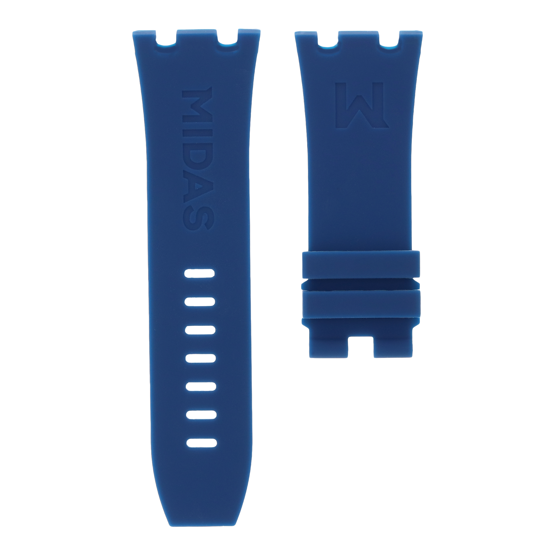 Royal navy blue replacement rubber strap for AP Royal Oak Offshore 26400, white background flat lay product photograph with buckle detail.