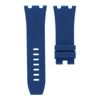 Royal navy blue replacement rubber strap for AP Royal Oak Offshore 26400, white background flat lay product photograph with buckle detail.