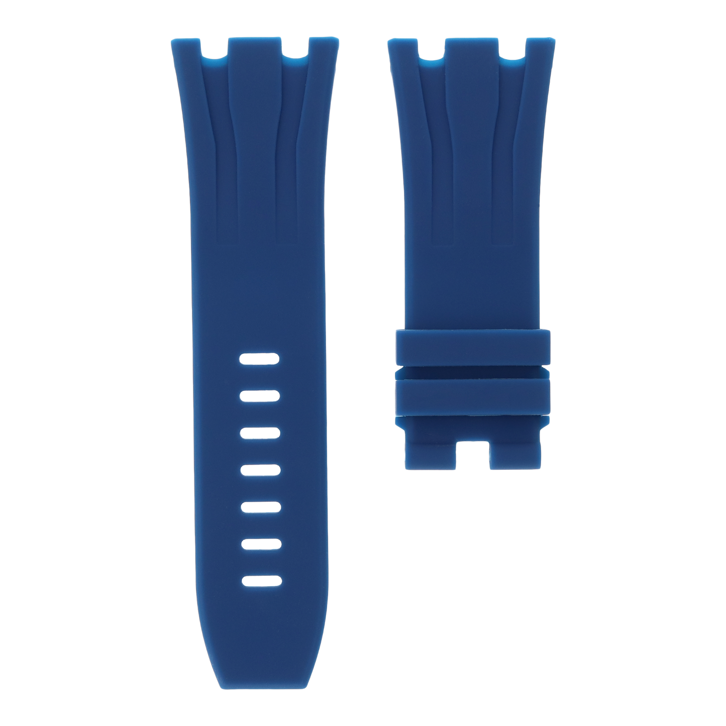 Royal navy blue replacement rubber strap for Audemars Piguet Royal Oak Offshore 44mm by MIDAS Straps, white background flat lay product image.