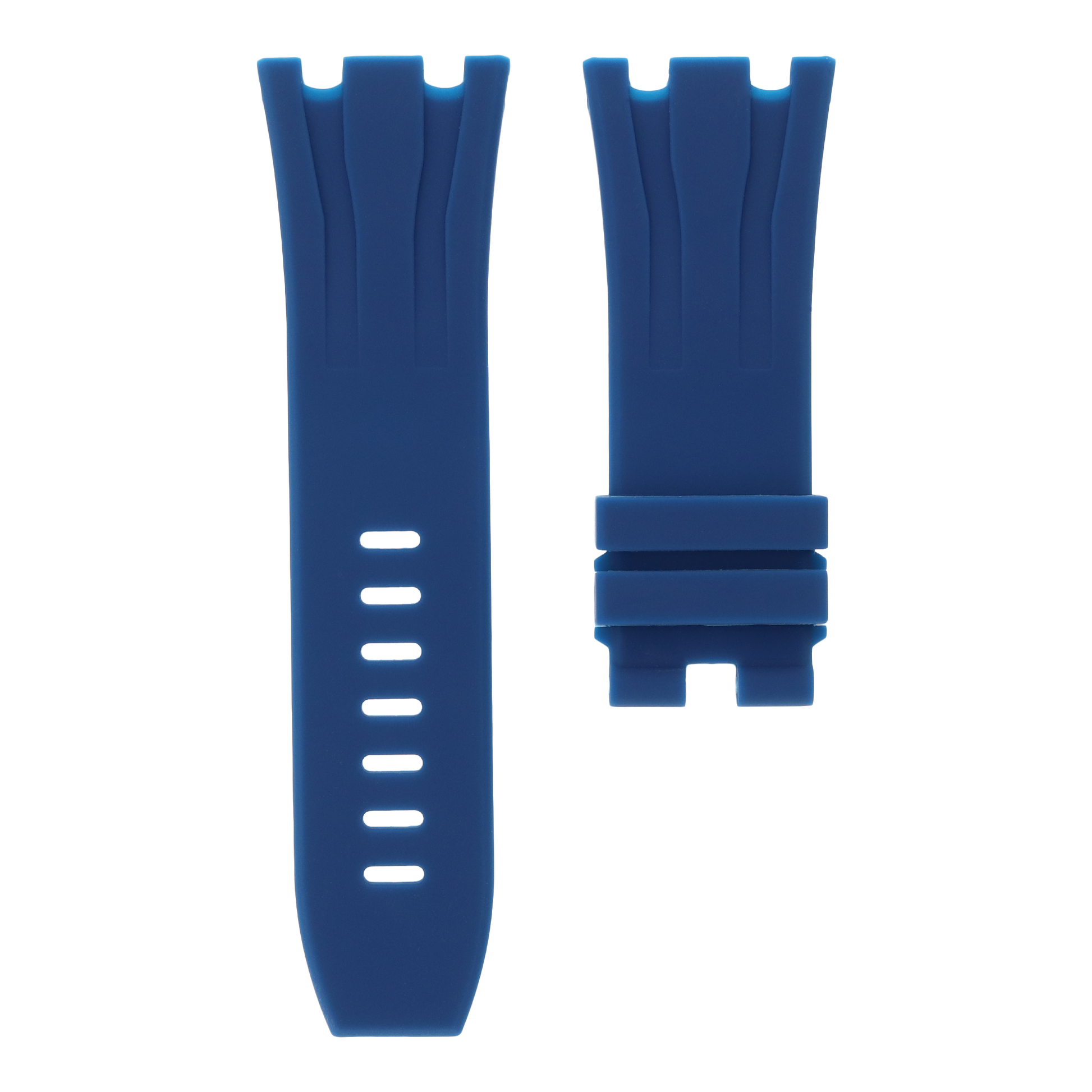 Royal navy blue replacement rubber strap for Audemars Piguet Royal Oak Offshore 44mm by MIDAS Straps, white background flat lay product image.