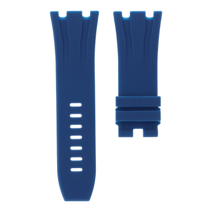 Royal navy blue replacement rubber strap for Audemars Piguet Royal Oak Offshore 44mm by MIDAS Straps, white background flat lay product image.