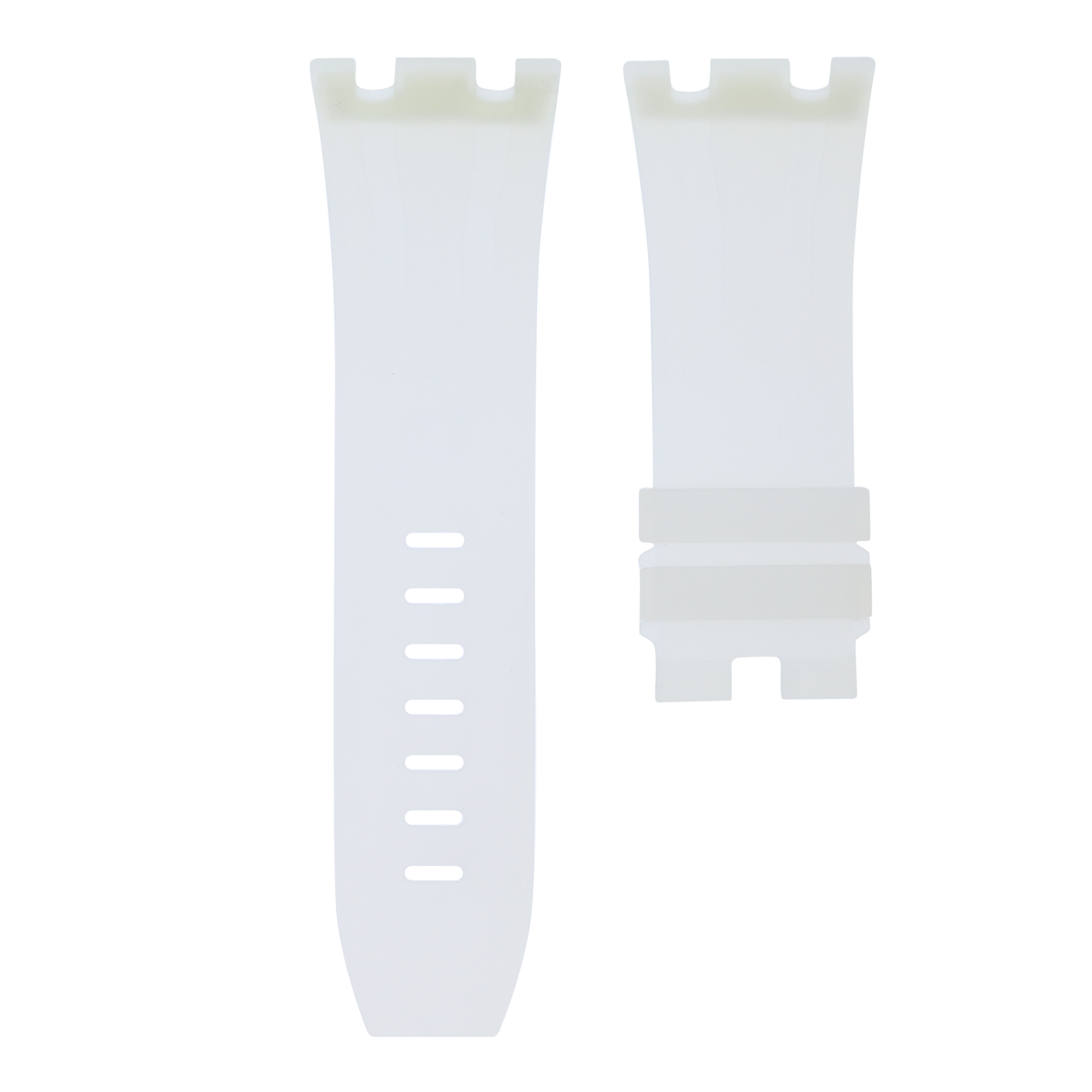 Transparent clear replacement rubber strap for Audemars Piguet Royal Oak Offshore 44mm by MIDAS Straps, white background flat lay product image.