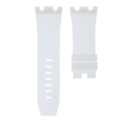 Transparent clear replacement rubber strap for Audemars Piguet Royal Oak Offshore 44mm by MIDAS Straps, white background flat lay product image.
