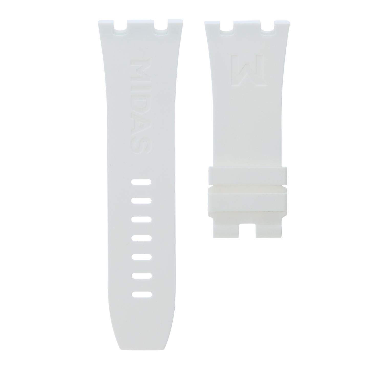 White replacement rubber strap for AP Royal Oak Offshore 26400, white background flat lay product photograph with buckle detail.