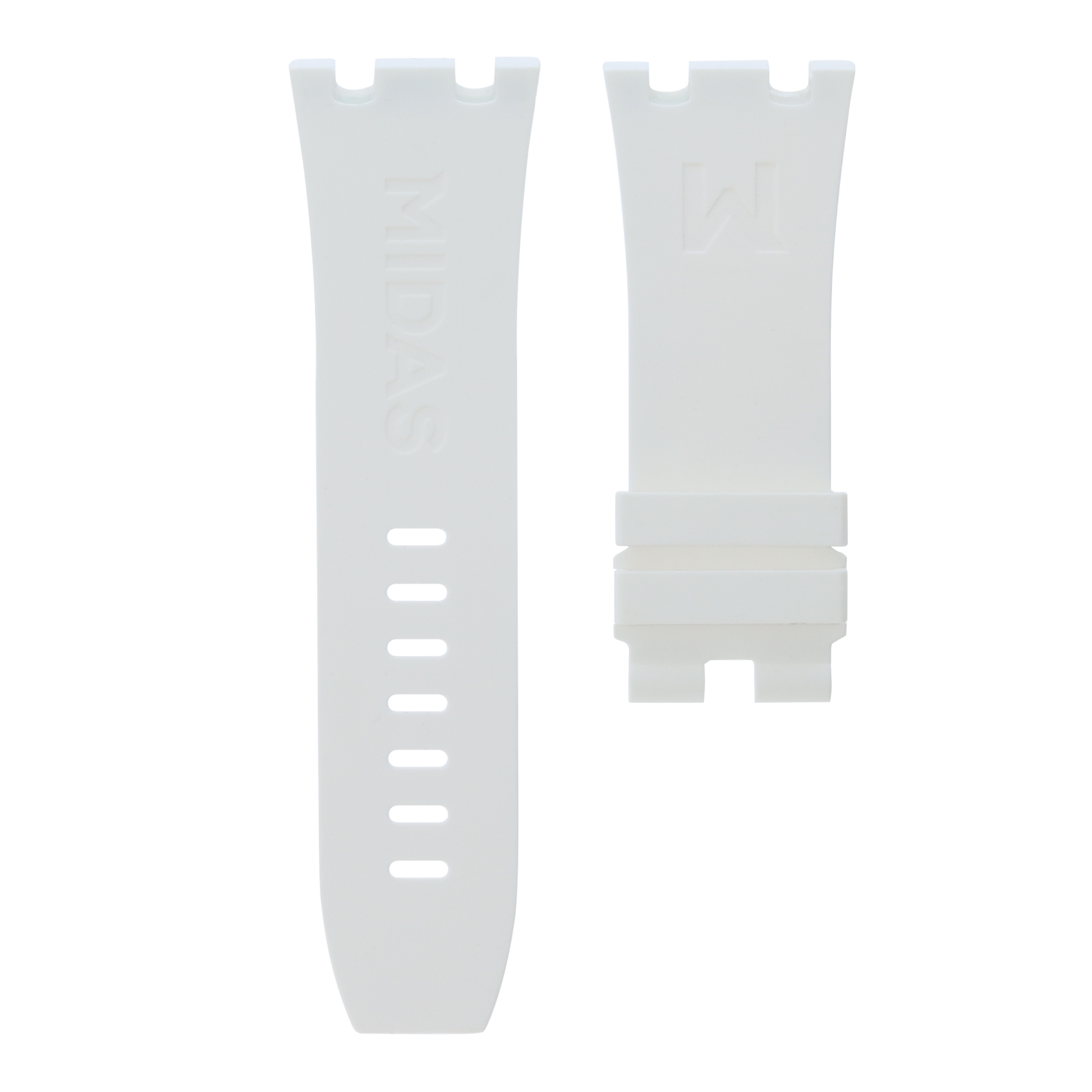 White replacement rubber strap for AP Royal Oak Offshore 26400, white background flat lay product photograph with buckle detail.