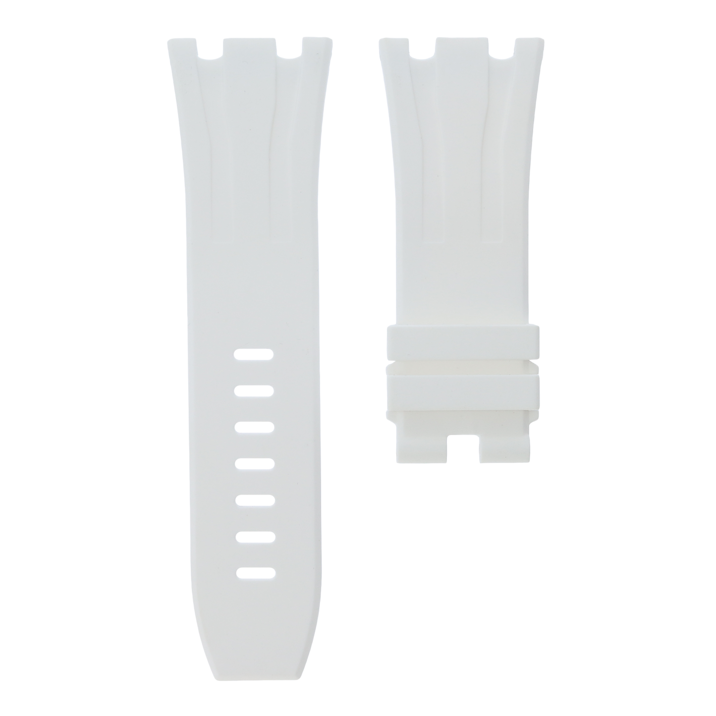 White replacement rubber strap for Audemars Piguet Royal Oak Offshore 44mm by MIDAS Straps, white background flat lay product image.