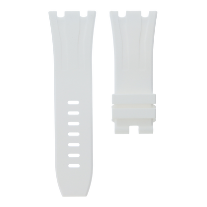 White replacement rubber strap for Audemars Piguet Royal Oak Offshore 44mm by MIDAS Straps, white background flat lay product image.